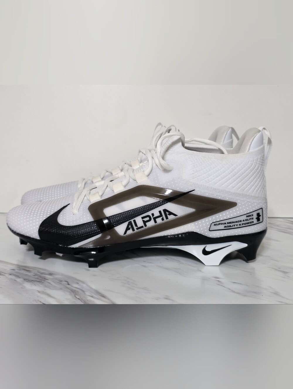 Nike Alpha Menace Elite White Black Football Cleats with Smoke Accents